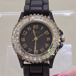 Geneva Women's Gold Brown Crystal Accent Wrist Watch Brown Silicone Band Works